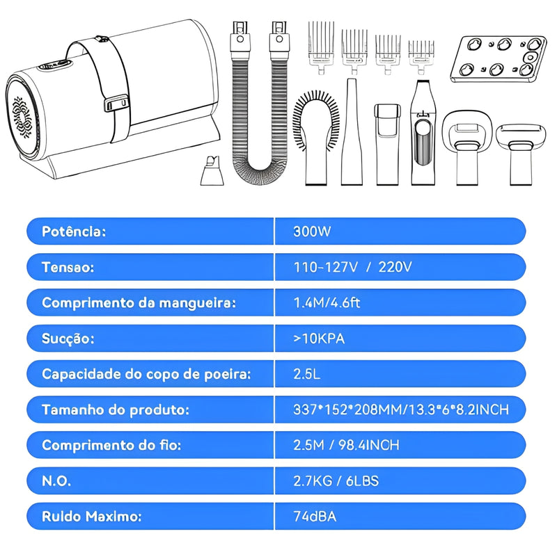 Kit 7 em 1 de Tosa com Sucção para Gatos – Aspirador de Pelos Profissional