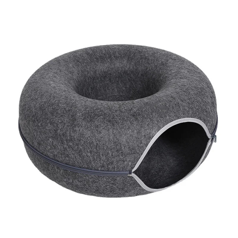 Cama Donut com Túnel para Gatos — Casinha e Brinquedo Interativo em Feltro Natural