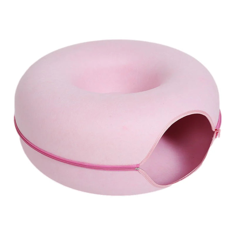 Cama Donut com Túnel para Gatos — Casinha e Brinquedo Interativo em Feltro Natural