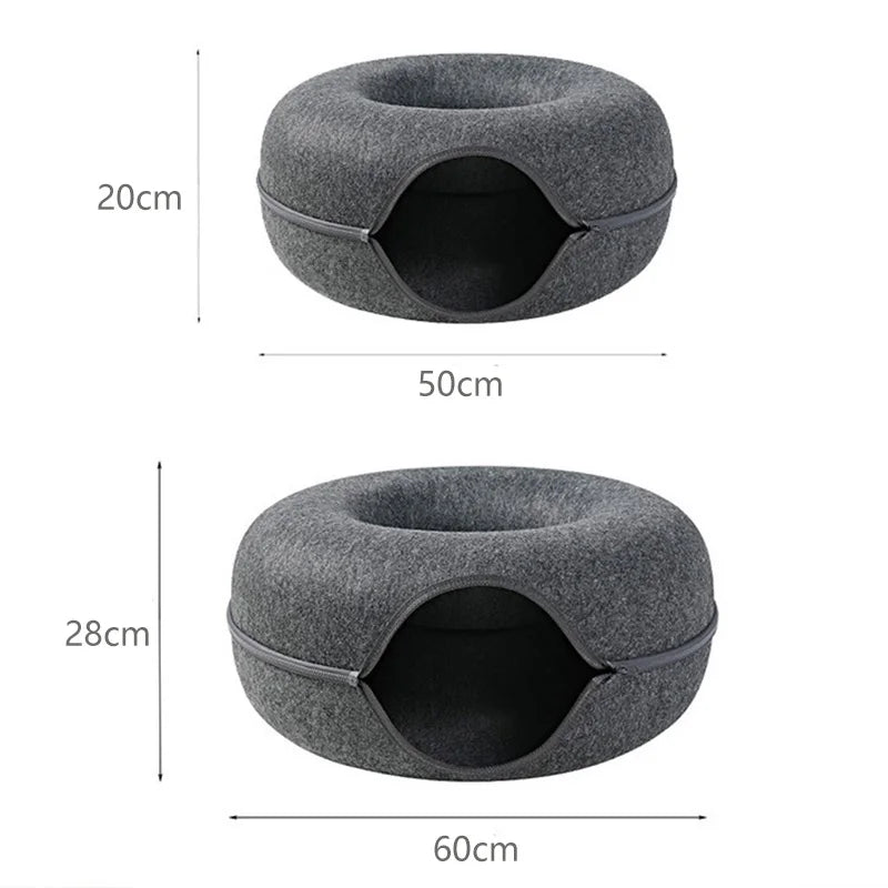Cama Donut com Túnel para Gatos — Casinha e Brinquedo Interativo em Feltro Natural