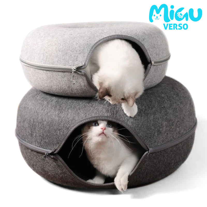 Cama Donut com Túnel para Gatos — Casinha e Brinquedo Interativo em Feltro Natural