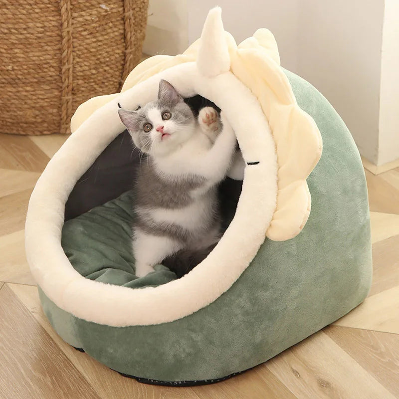 Toca-Cama para Gatos em Formato de Tenda – Dobrável, Removível e Autoaquecida com Almofada Dupla Face