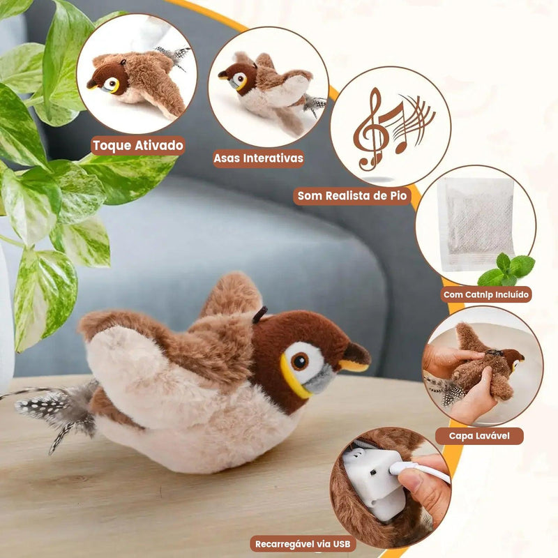 Pássaro de Pelúcia com Som e Movimento, Recarregável e com Catnip