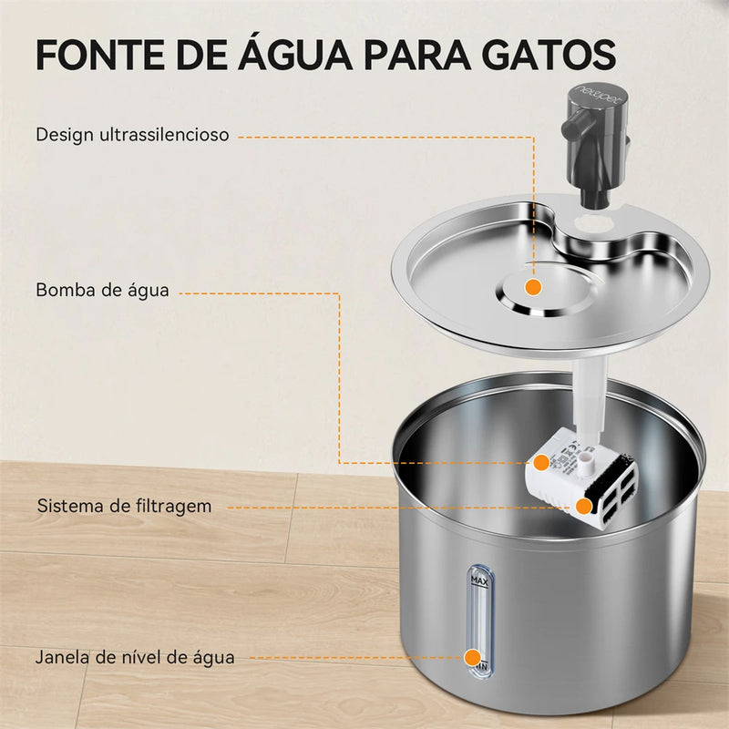 Fonte de Água Automática de Aço Inoxidável Newpet 3L para Gatos e Cães
