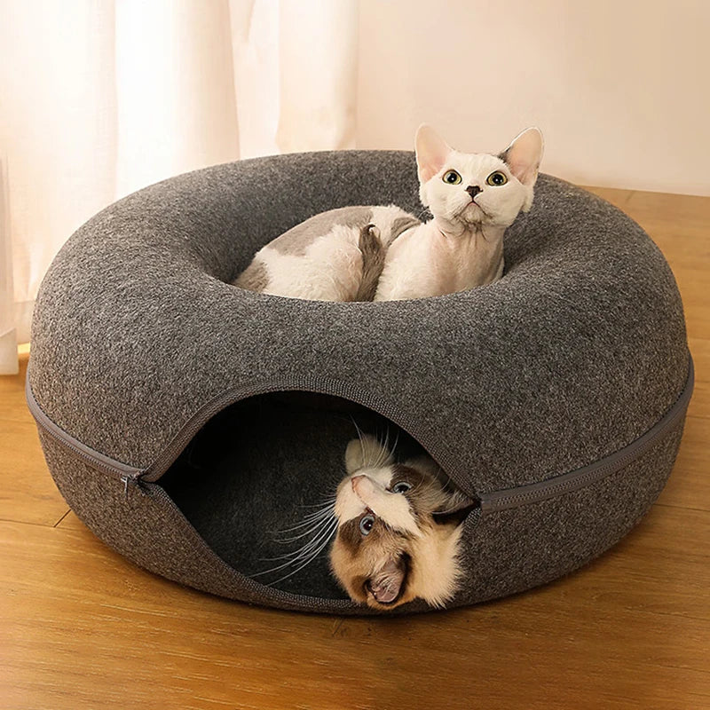 Cama Donut com Túnel para Gatos — Casinha e Brinquedo Interativo em Feltro Natural