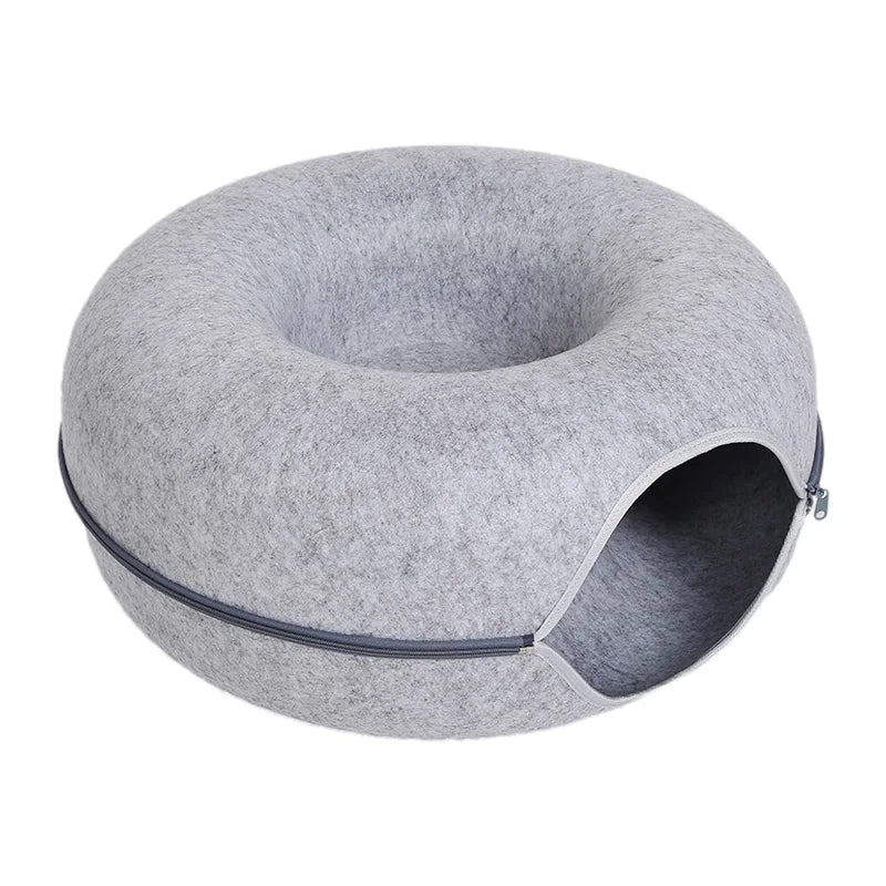 Cama Donut com Túnel para Gatos — Casinha e Brinquedo Interativo em Feltro Natural