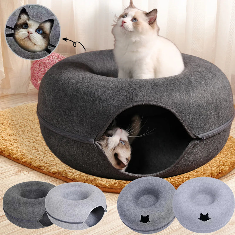 Cama Donut com Túnel para Gatos — Casinha e Brinquedo Interativo em Feltro Natural