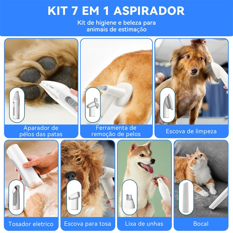 Kit 7 em 1 de Tosa com Sucção para Gatos – Aspirador de Pelos Profissional