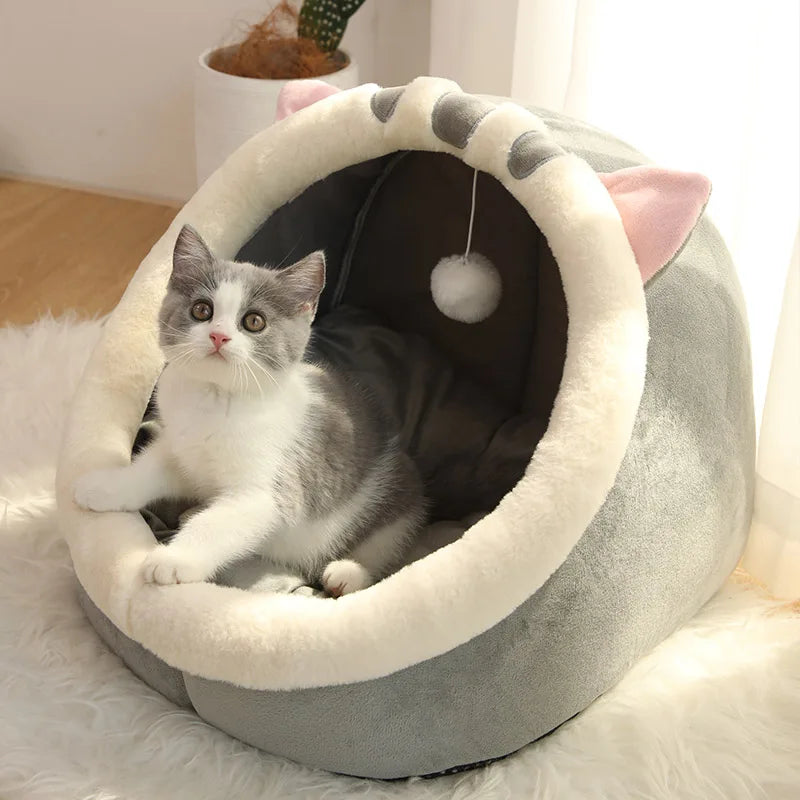 Toca-Cama para Gatos em Formato de Tenda – Dobrável, Removível e Autoaquecida com Almofada Dupla Face