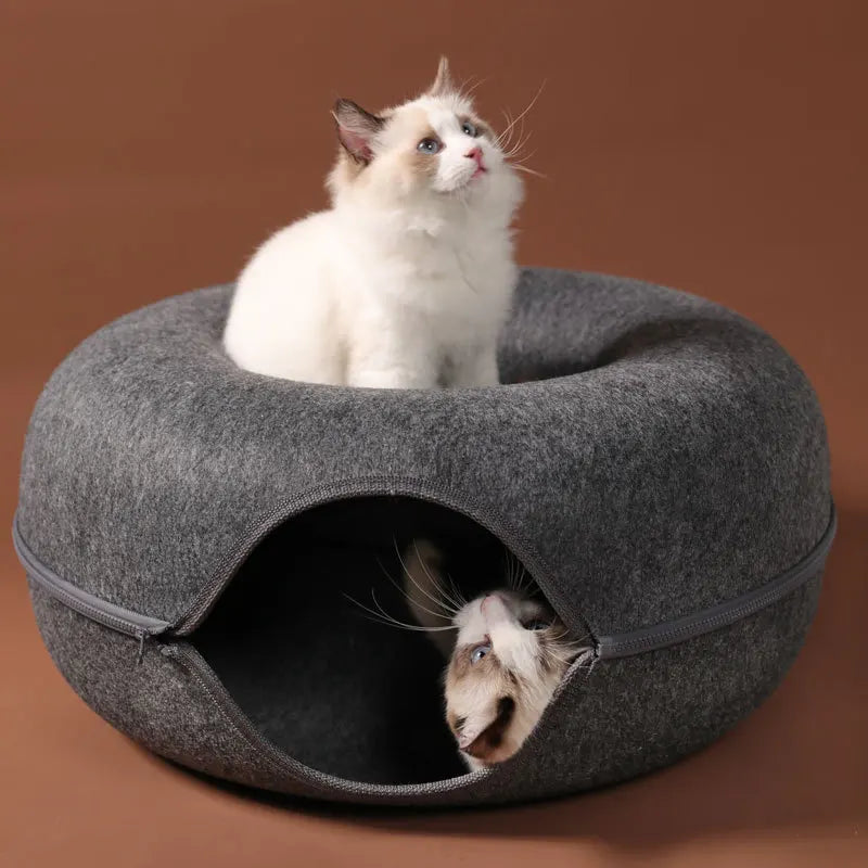 Cama Donut com Túnel para Gatos — Casinha e Brinquedo Interativo em Feltro Natural